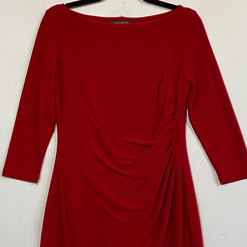 Lauren Ralph Lauren Red Boat Neck Side Ruched Sheath Dress Size 6 - Picture 3 of 9